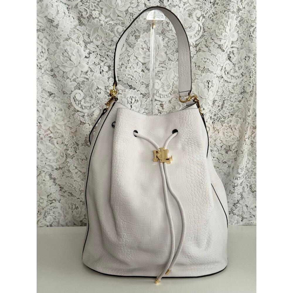 Lauren Ralph Lauren Andie Croc Embossed Drawstring Bucket Bag White Gray - Picture 2 of 12